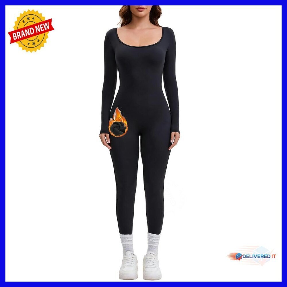 Fleece Lined Scoop Neck Jumpsuit Tummy Control Yoga Bodycon